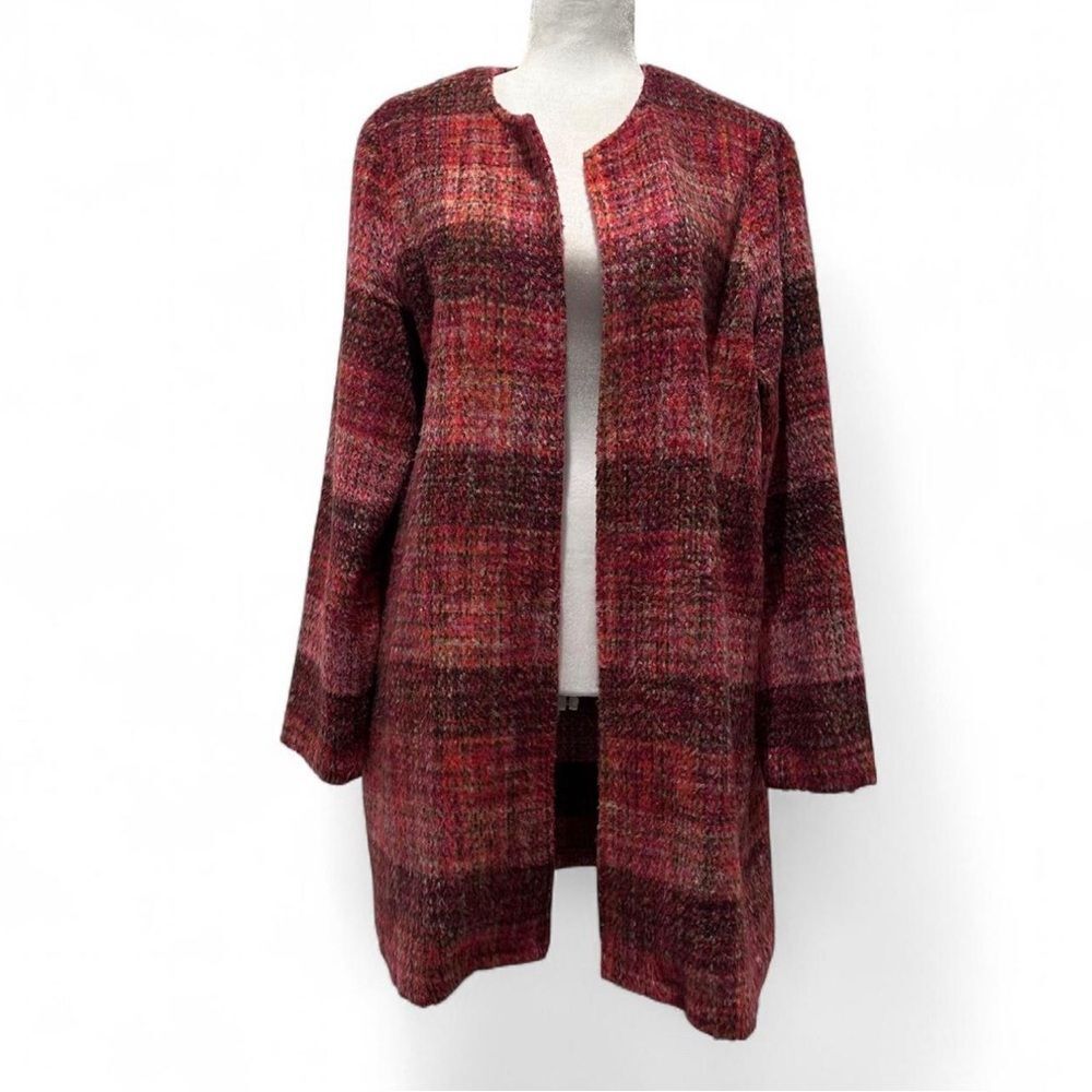 Christian Siriano Women's Pink/Red Plaid Open Front Cardigan Coat
